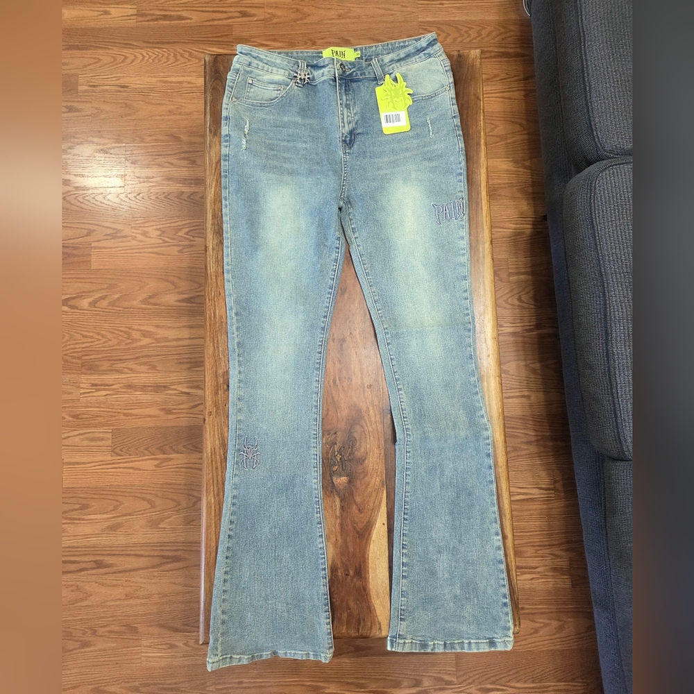 Pain's Blue Distressed And Embroidered Men's Jeans